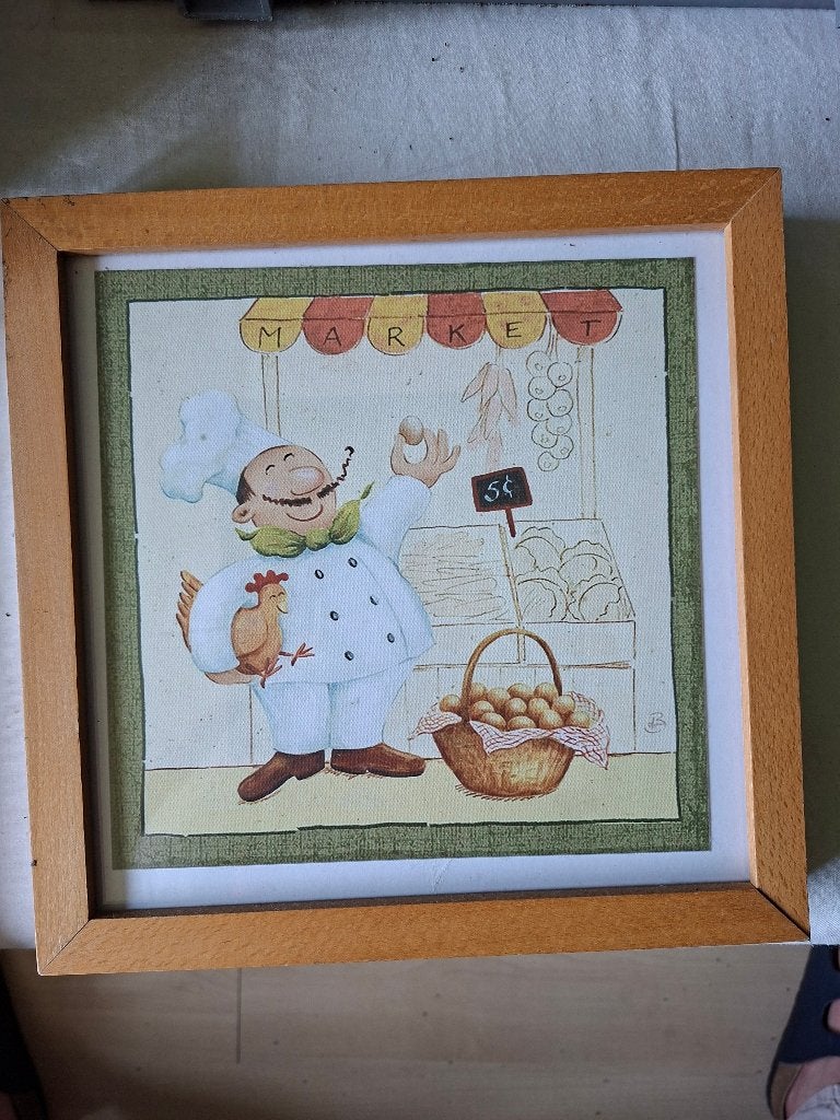 schilderijtje (25,5 X 25,5) kok met kip, Ophalen of Verzenden, Minder dan 50 cm, Schilderij