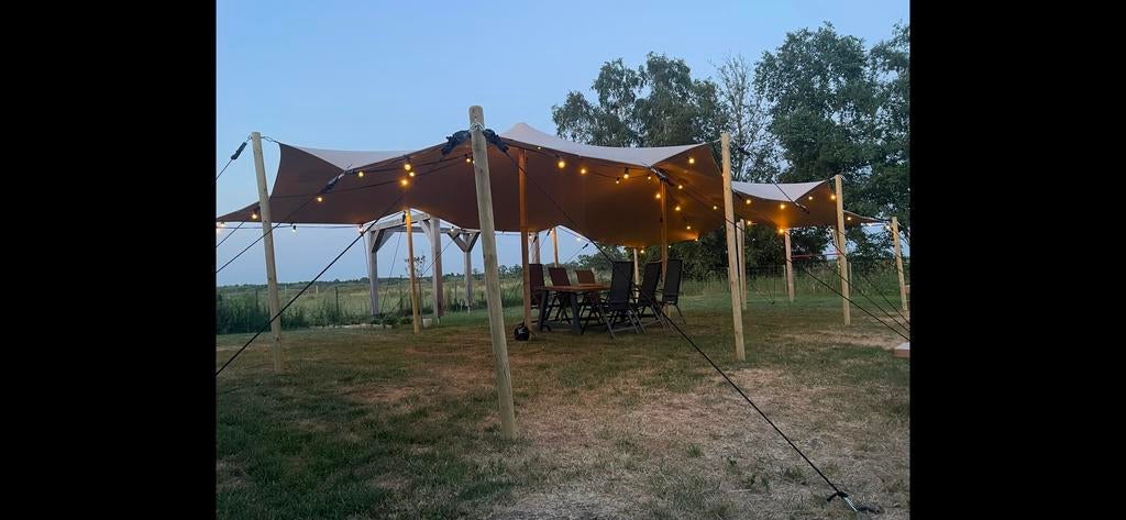 Stretchtent 6x10m te huur evt met prikkabel, Ophalen, Opvouwbaar, Overige typen, 6 meter of meer