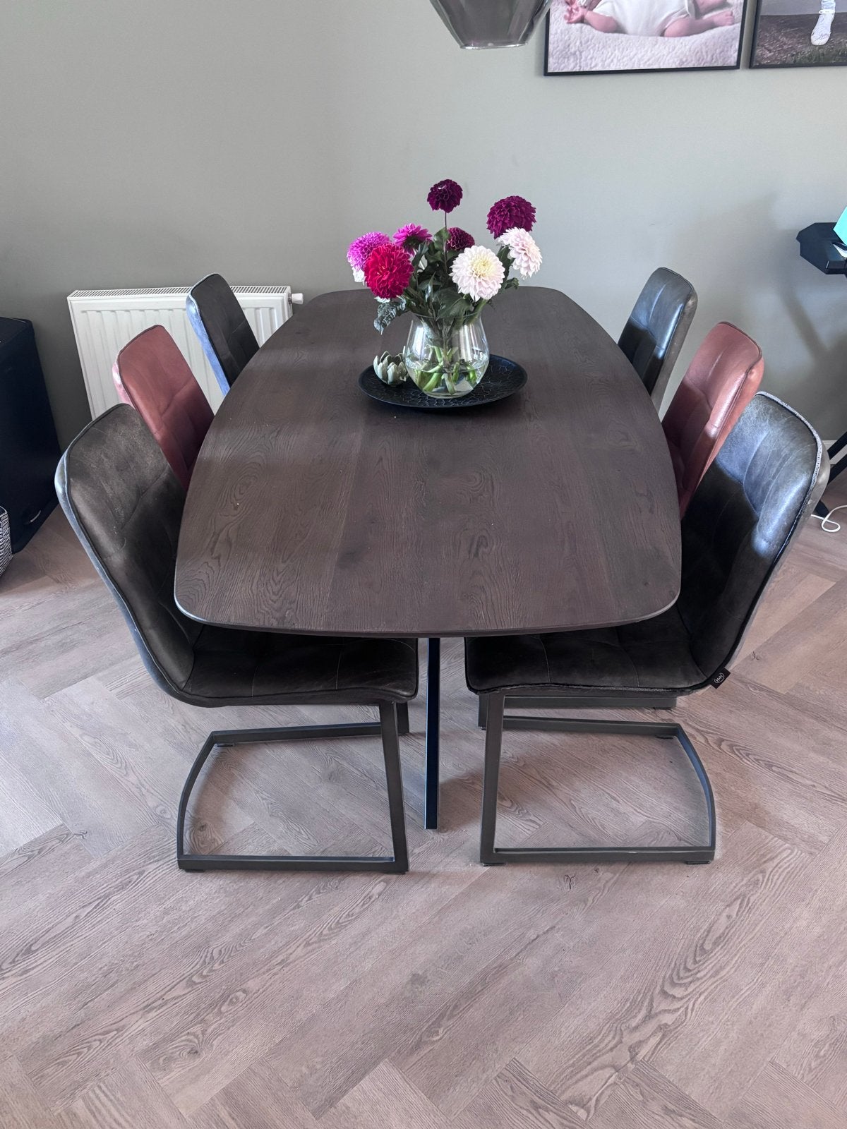 6 Eetkamerstoelen in diverse kleuren met stalen poten, Huis en Inrichting, Stoelen, Ophalen, Gebruikt, Overige kleuren, Metaal