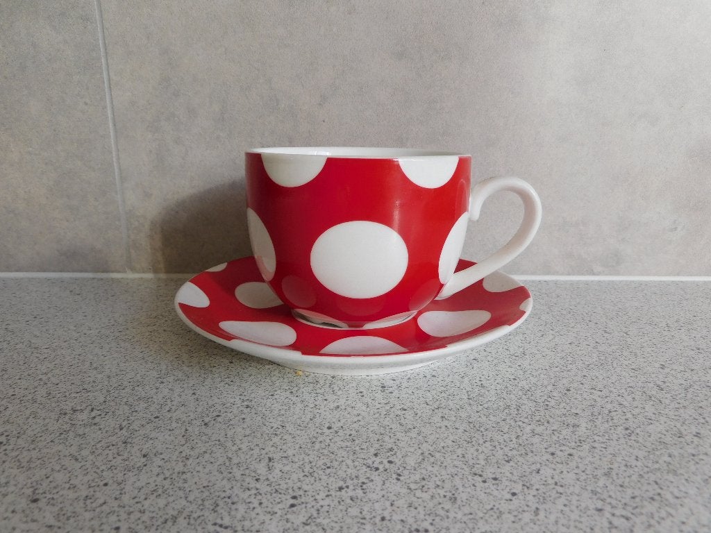 Kop en schotel Polkadot Rood Wit Maxwell & Williams, Overige merken, Ophalen of Verzenden, Zo goed als nieuw, Overige stijlen