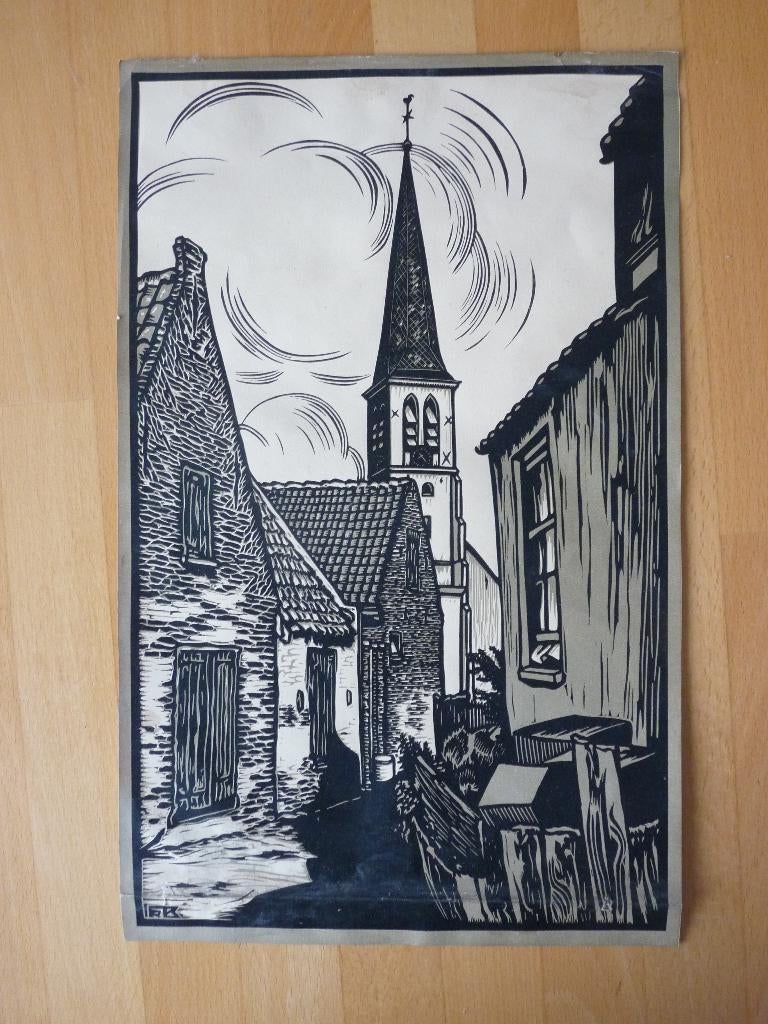 Straatje in Zandvoort Frans Bosen, linoleumsnede, Antiek en Kunst, Kunst | Etsen en Gravures, Ophalen of Verzenden, Stadsgezicht