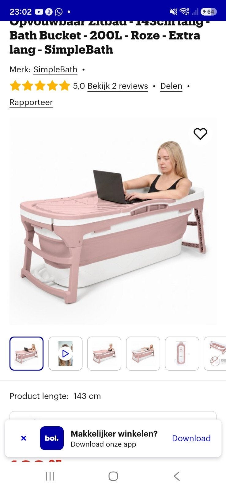 Opvouwbaar zitbad - 143cm lang - Roze - SimpleBath, Ophalen, Zo goed als nieuw