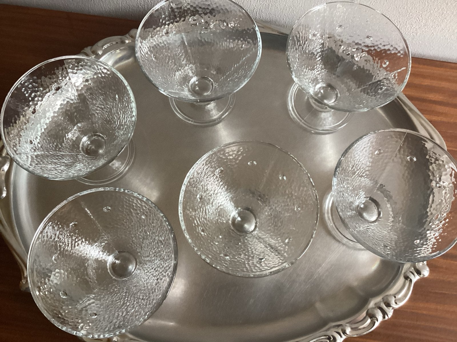 Set van 6 vintage ijscoupes, dessertglazen, gehamerd glas, Ophalen of Verzenden