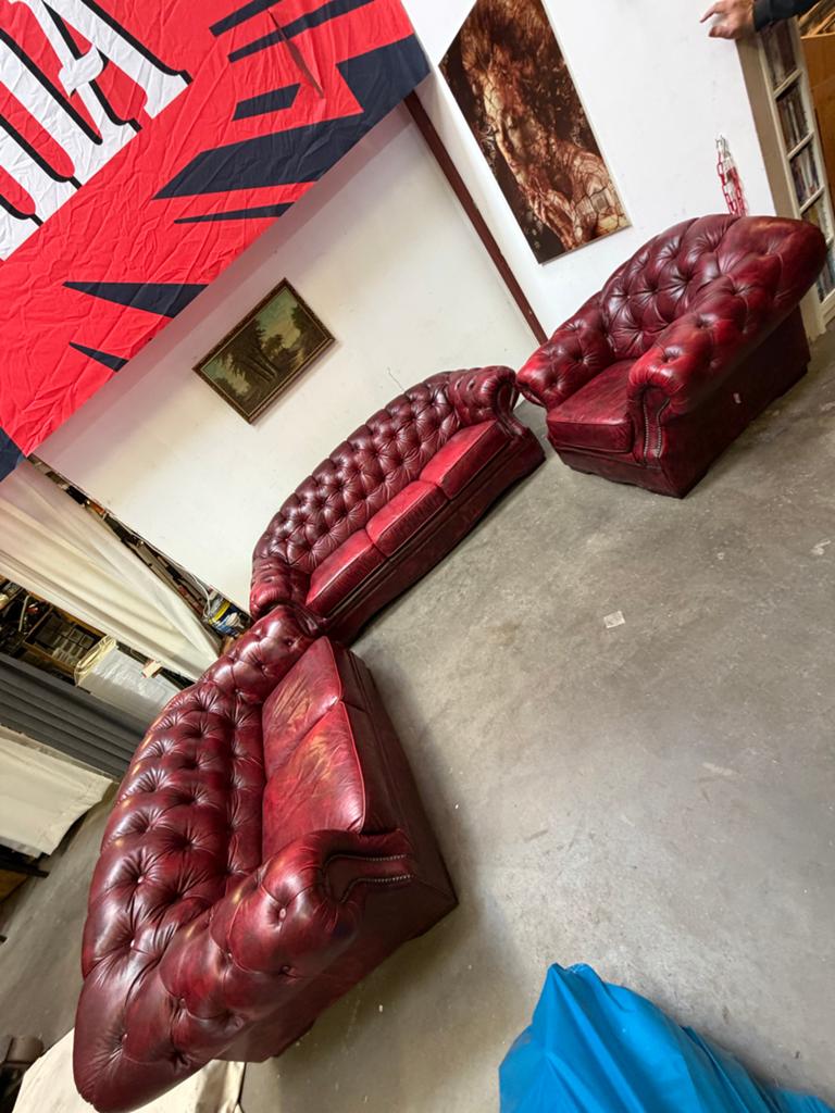 Chesterfield 3-2-1 Set – Oxblood Rood Leer, Ophalen, 150 tot 200 cm, Tweepersoons, Leer