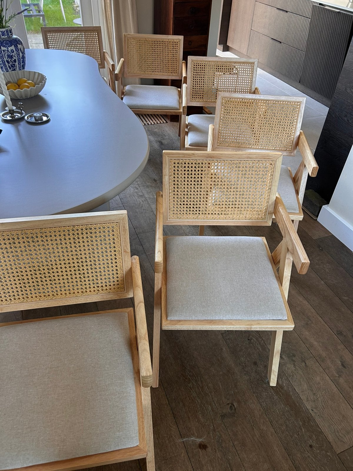 6 licht eiken eetkamerstoelen met webbing, Ophalen, Japandi, Bruin, Zo goed als nieuw