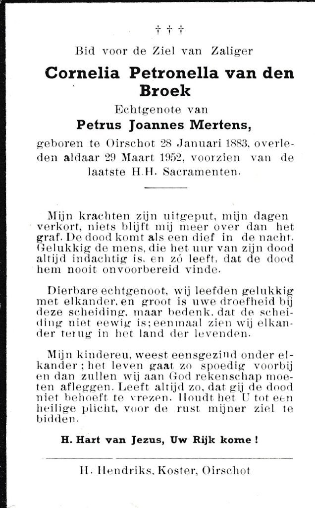 Broek Cornelia 1883 Oirschot 1952, Ophalen of Verzenden, Bidprentje