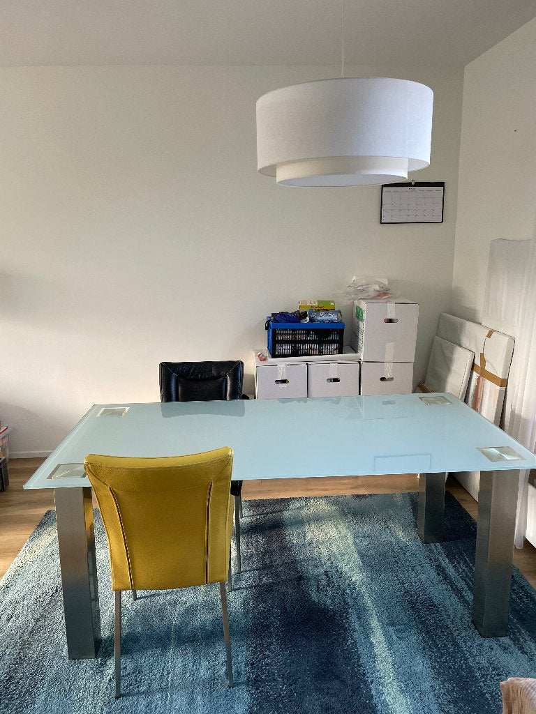 Glazen eettafel met RVS poten (90x180 cm), Ophalen, 100 tot 150 cm, Zo goed als nieuw, Vijf personen of meer