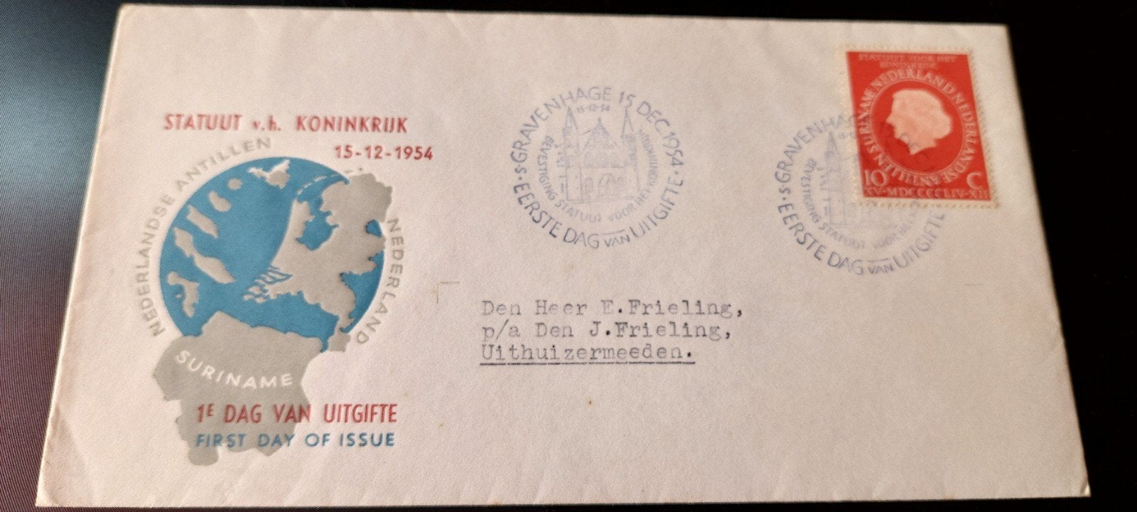 Eerste dag envelop statuut van het rijk 1954, Postzegels en Munten, Ophalen, Beschreven, Nederland