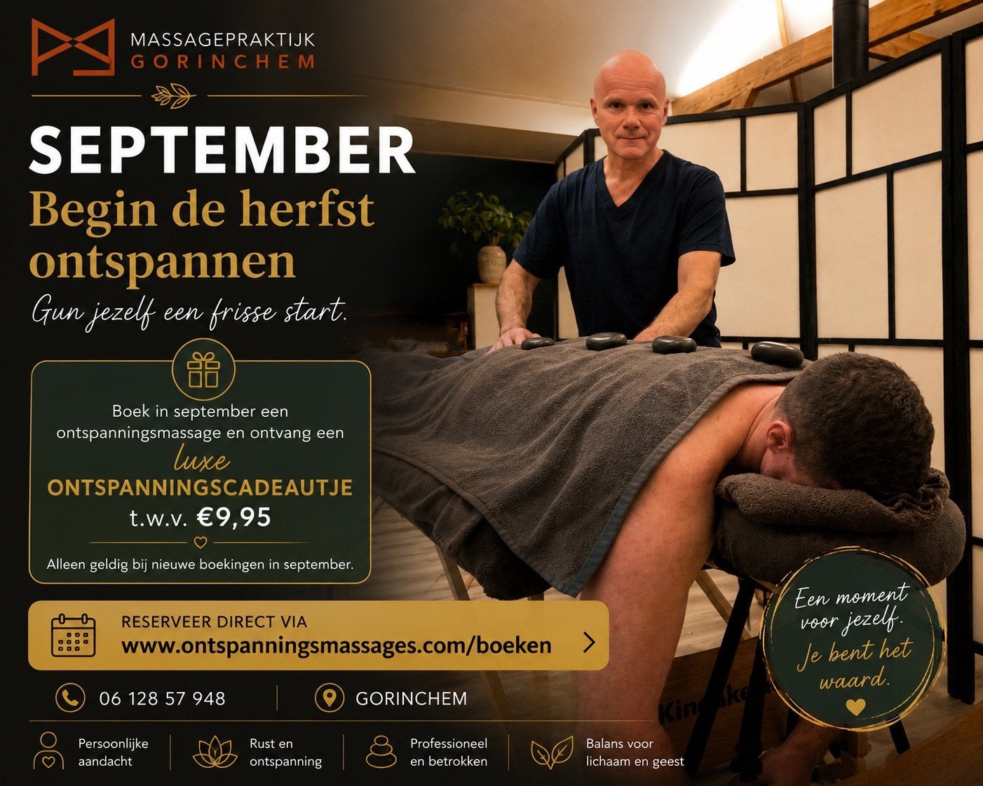 Septemberactie Ontspanningsmassage + GRATIS luxe cadeautje!, Diensten en Vakmensen, Welzijn | Masseurs en Massagesalons, Ontspanningsmassage