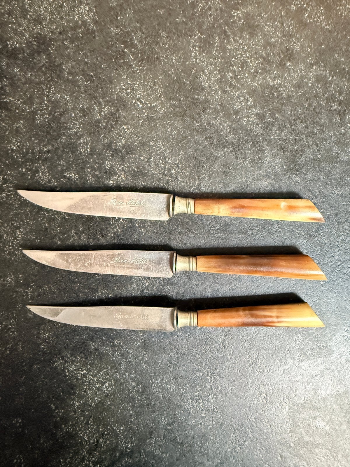 3 x Rein Nickel fruit- / tafelmesjes. Met hoornen handvat., Ophalen of Verzenden