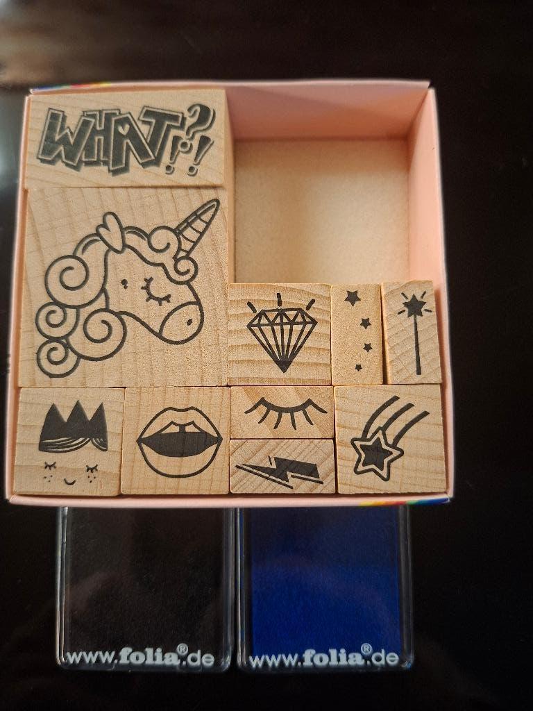Stempelsets - Eenhoorn en meer!, Hobby en Vrije tijd, Stempelen, Ophalen of Verzenden, Zo goed als nieuw, Houten stempel