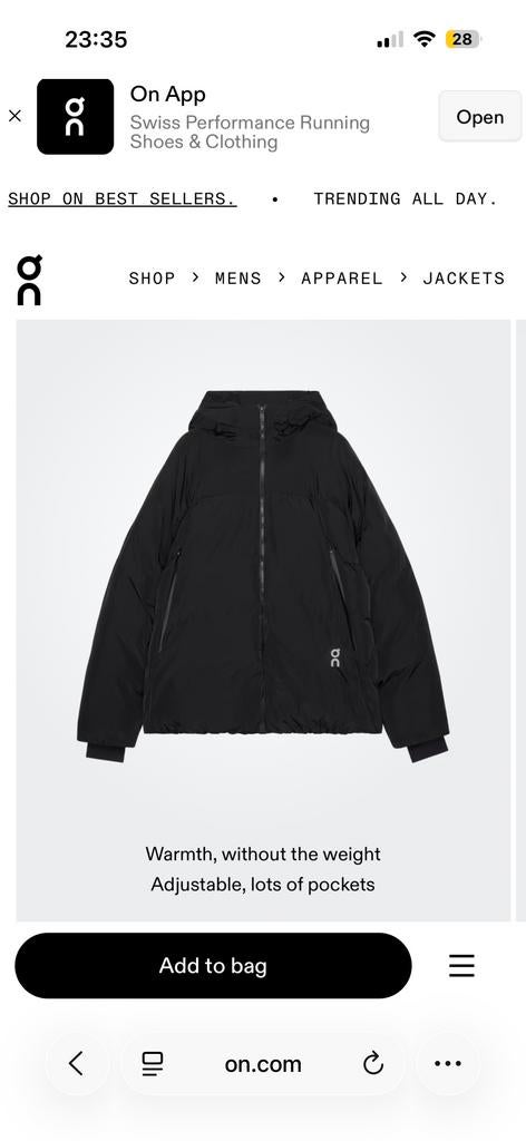 On Cloud Puffer Jacket Zwart Maat M, Kleding | Heren, Jassen | Winter, Ophalen of Verzenden, Zo goed als nieuw, Maat 48/50 (M)