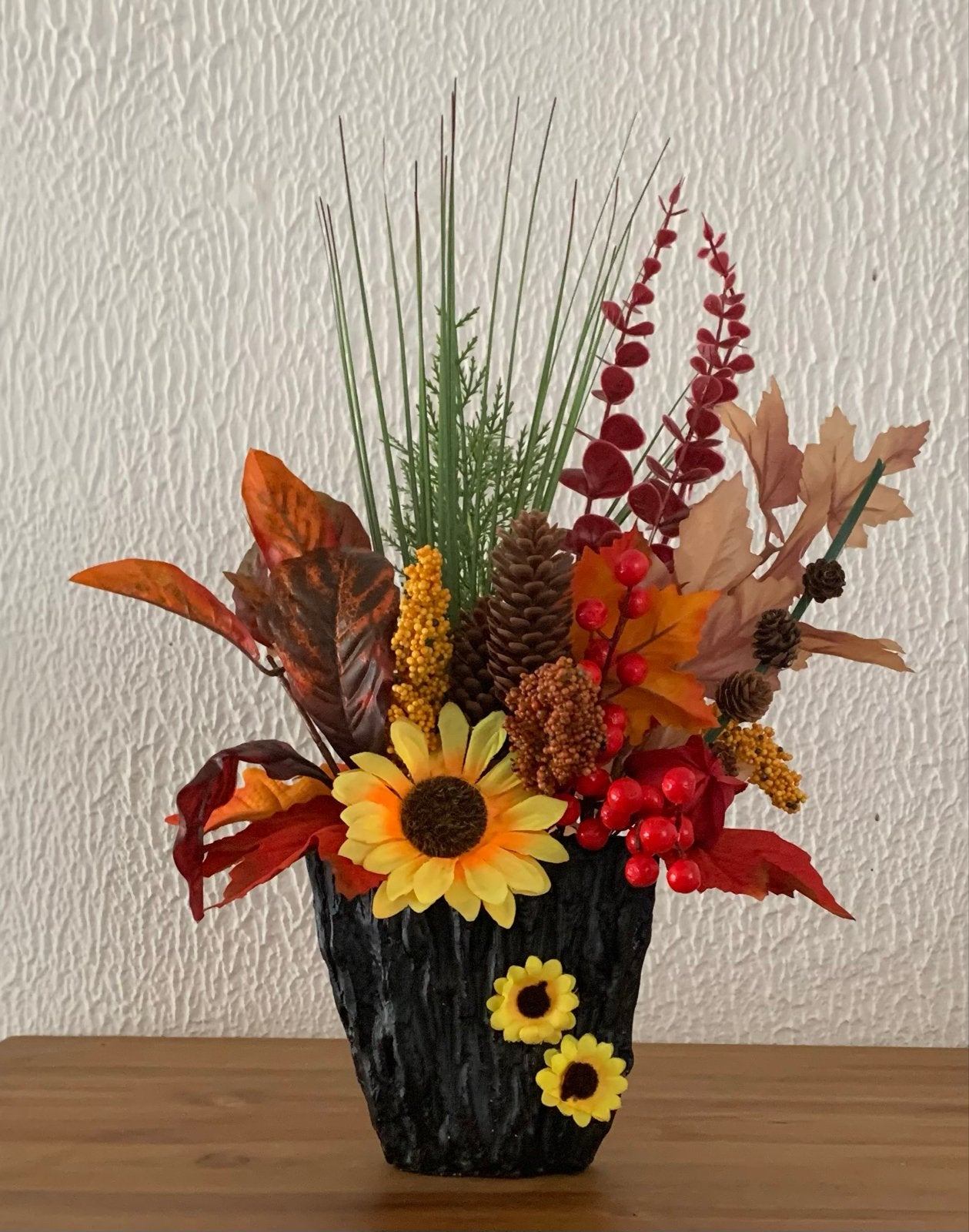 Prachtig Herfststuk Kunstbloemen in Zwarte Vaas, Huis en Inrichting, Ophalen, Meerkleurig, Nieuw, Kunststof