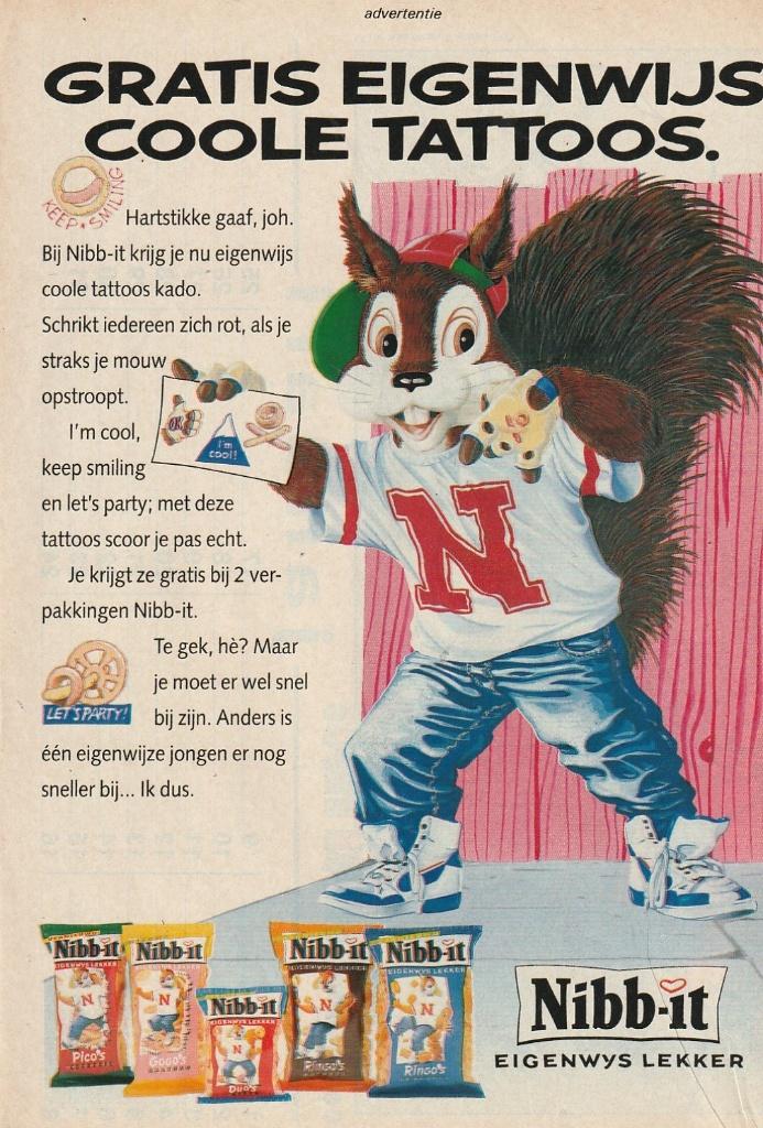 Retro reclame 1992 Nibb-it chips tattoo's actie, Verzenden, Overige typen