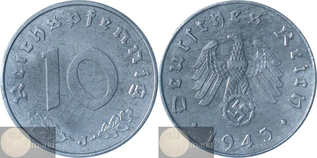 Duitsland - Derde Rijk 10 Reichspfennig 1943 J 'WWII', Postzegels en Munten, Ophalen of Verzenden, Duitsland, Losse munt