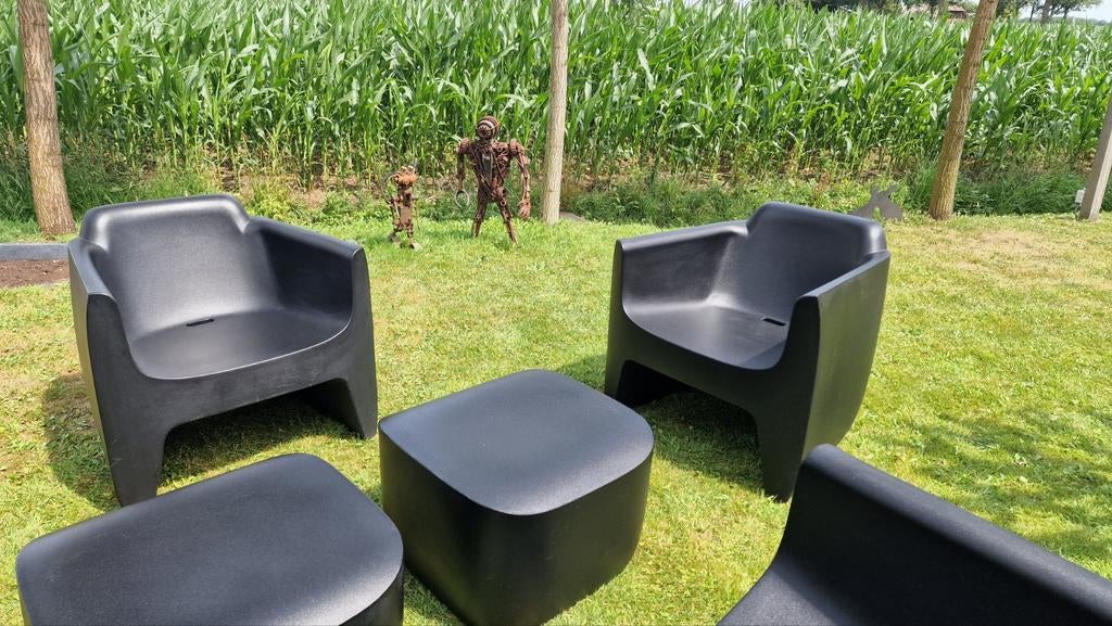 Design tuinset ‼️Quinze en Milan‼️: 4 stoelen, 2 hockers, Ophalen, Kunststof, Gebruikt, 6 zitplaatsen