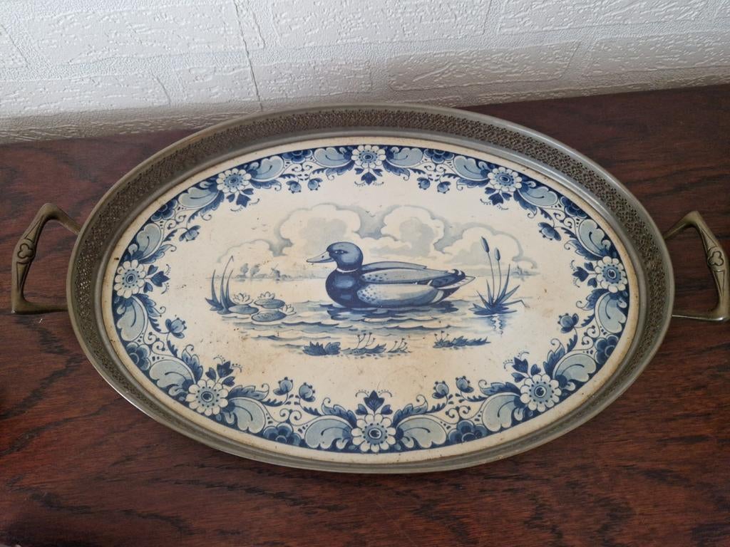 Vintage Westraven dienblad met Delfts blauwe tegel, Antiek en Kunst, Ophalen
