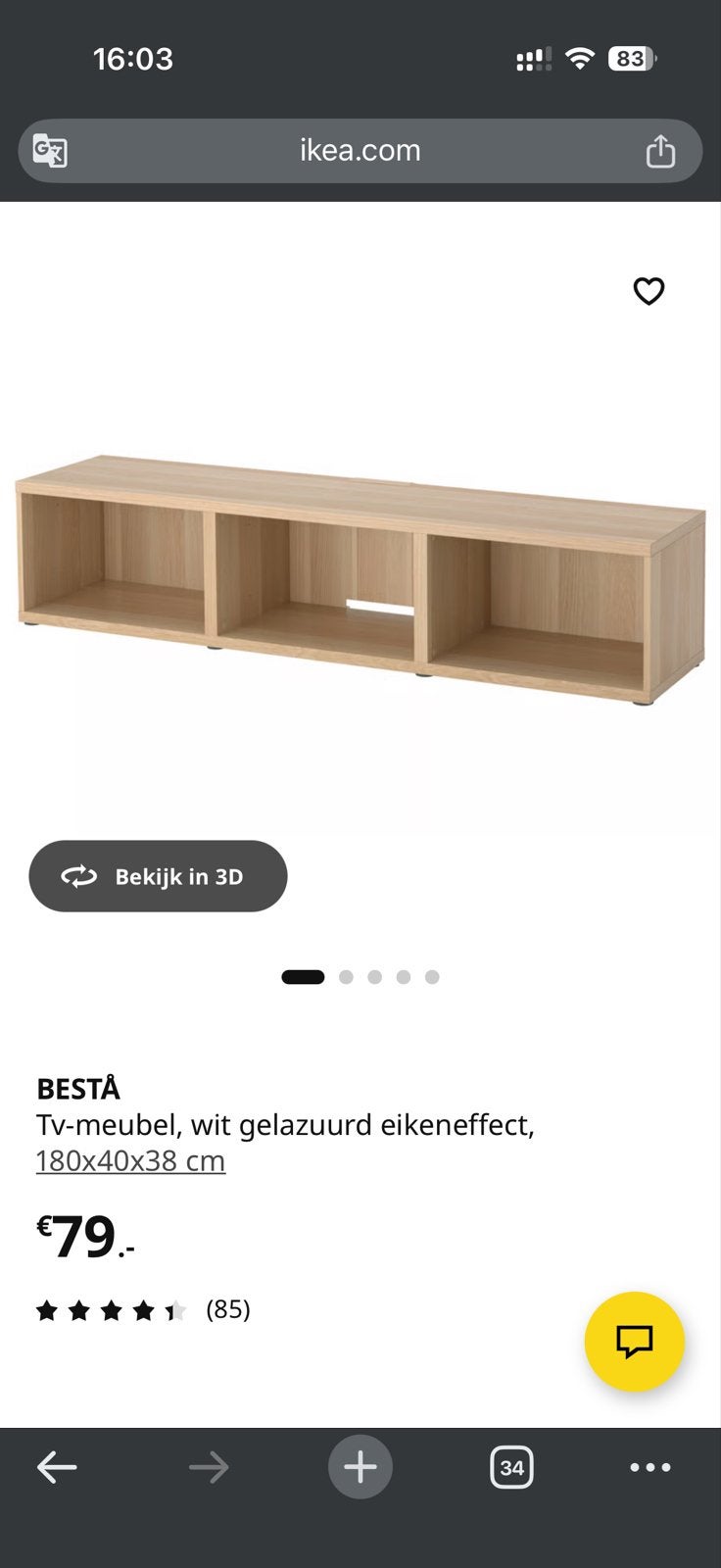IKEA BESTÅ TV-meubel wit gelazuurd eikeneffect, Ophalen, 150 tot 200 cm, Zo goed als nieuw, Minder dan 100 cm