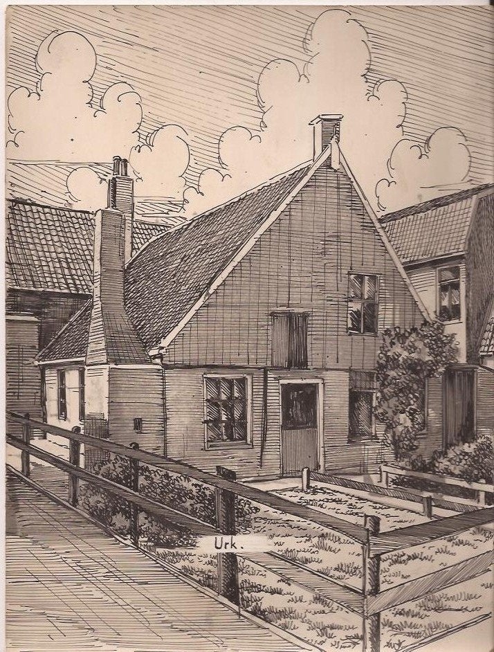 Sievers. Huisje op Urk Tekening ca. 1948, Antiek en Kunst, Ophalen of Verzenden, Tekening, Pentekening, Handgemaakt