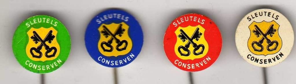 4 speldjes SLEUTELS CONSERVEN LEIDEN (A3), Verzamelen, Speldjes, Pins en Buttons, Ophalen of Verzenden, Gebruikt, Overige onderwerpen