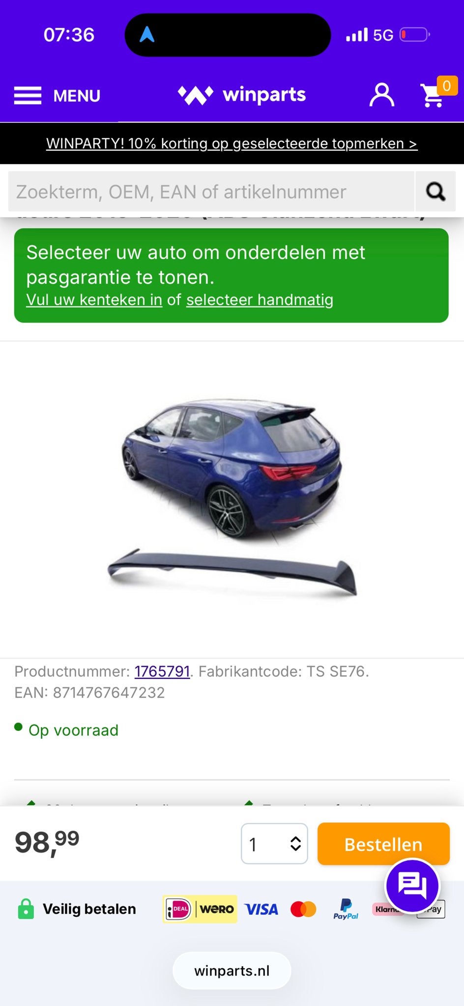 Seat Leon 5F Dakspoiler - Nieuw in doos, Ophalen of Verzenden
