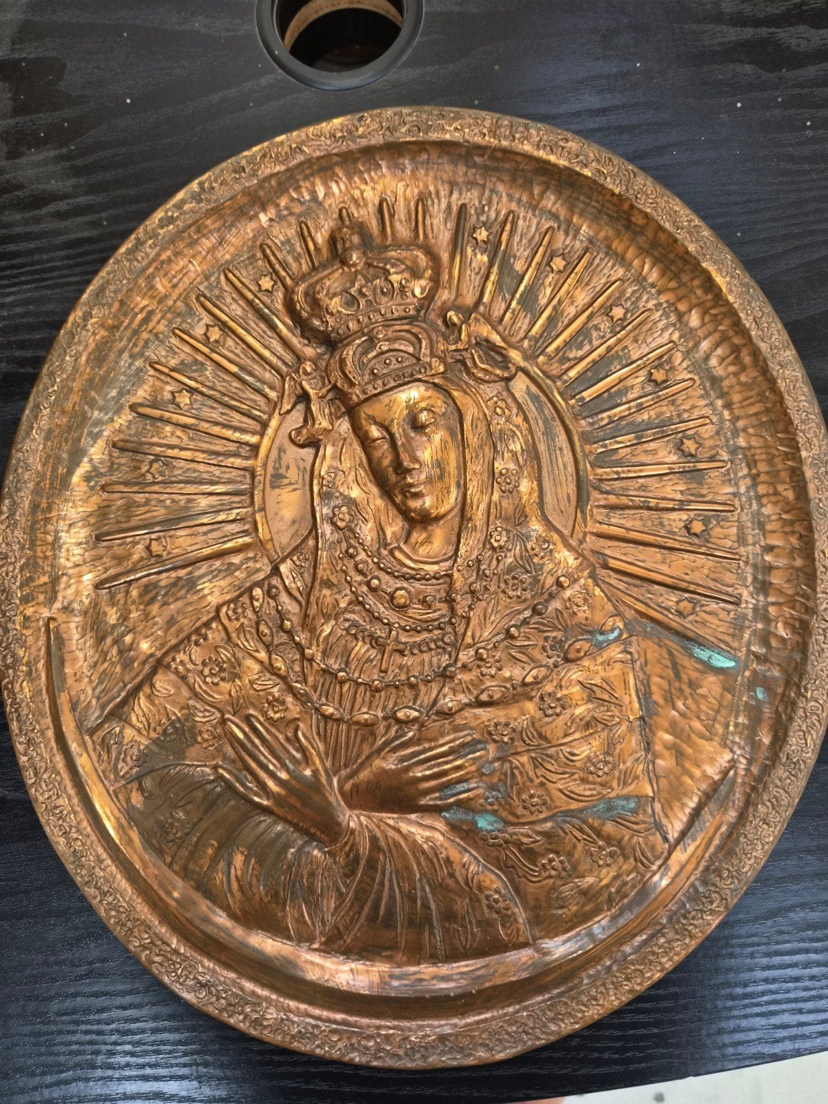 Koperen reliëf Onze-Lieve-Vrouw van de Poort van de Dageraad, Antiek en Kunst, Ophalen of Verzenden