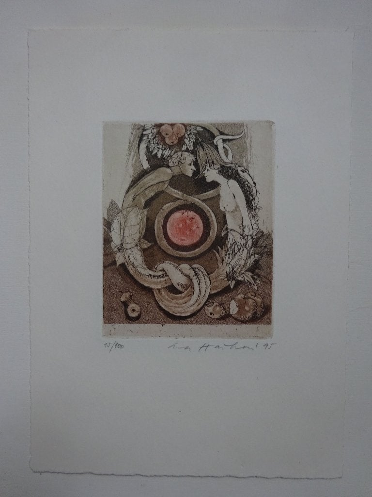 Lia Harhorn Praag Tsjechie 1995: Adam en Eva- ets, Antiek en Kunst, 22 cm, Religie, Ophalen of Verzenden, Gesigneerd