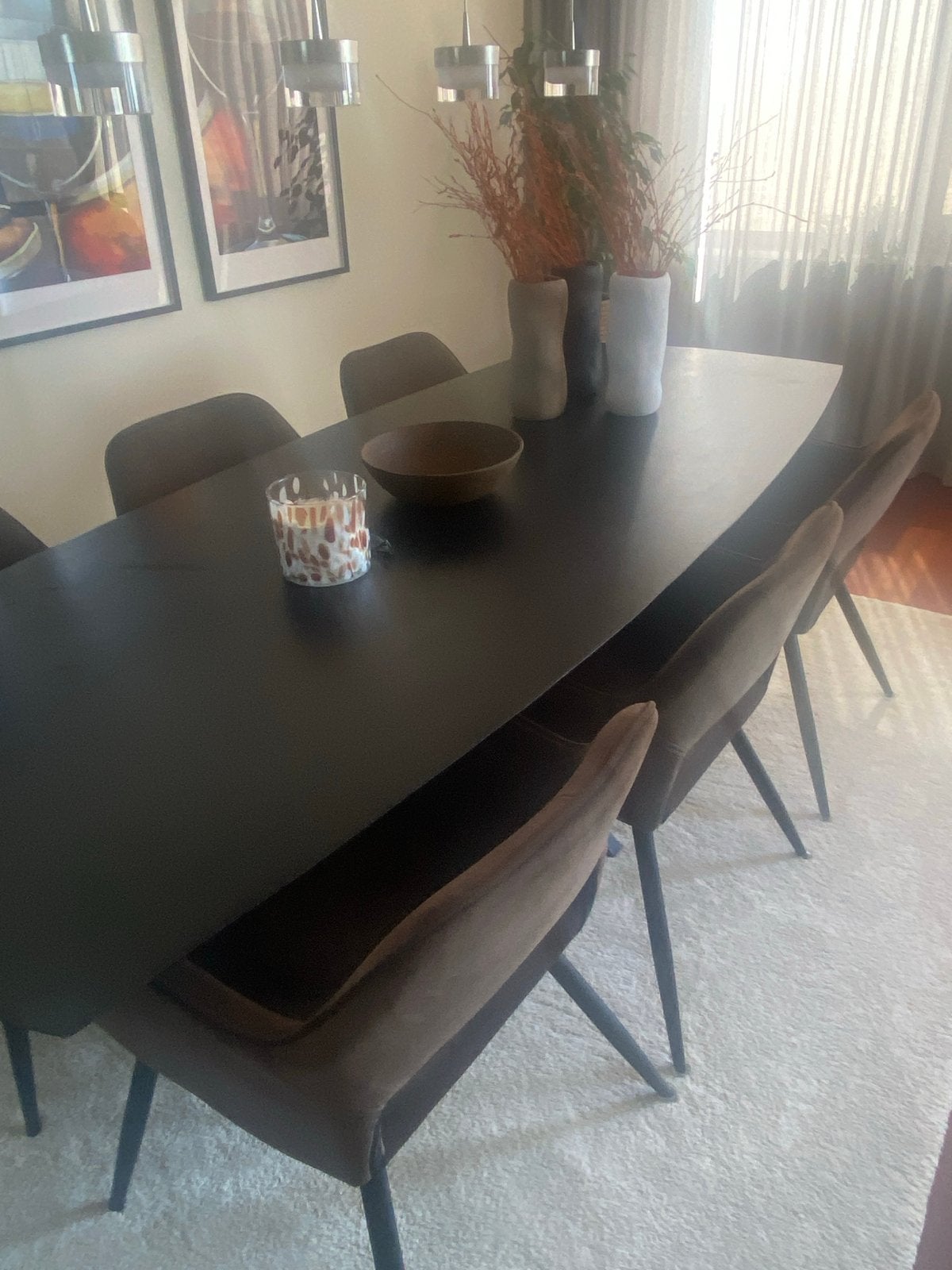 Eettafel met gekruist metalen poot en 6 stoelen, Ophalen, Gebruikt, 200 cm of meer, 50 tot 100 cm
