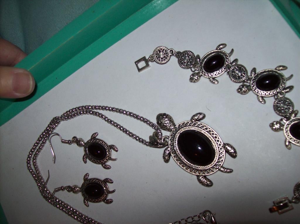 Ketting Armband Oorbellen Zilvertint Zwarte Steen Schildpad, Overige materialen, Verzenden, Nieuw, Met edelsteen