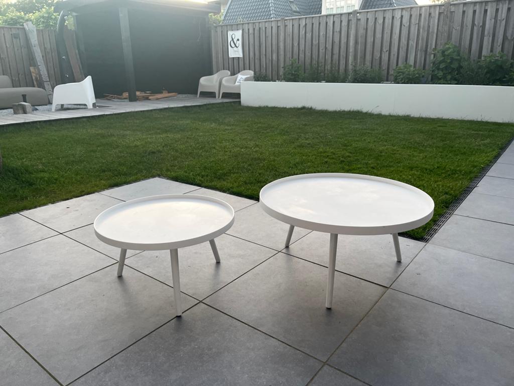 Set van 2 ronde houten tafeltjes (78 & 60 cm), Ophalen of Verzenden, Gebruikt, Rond, Hout