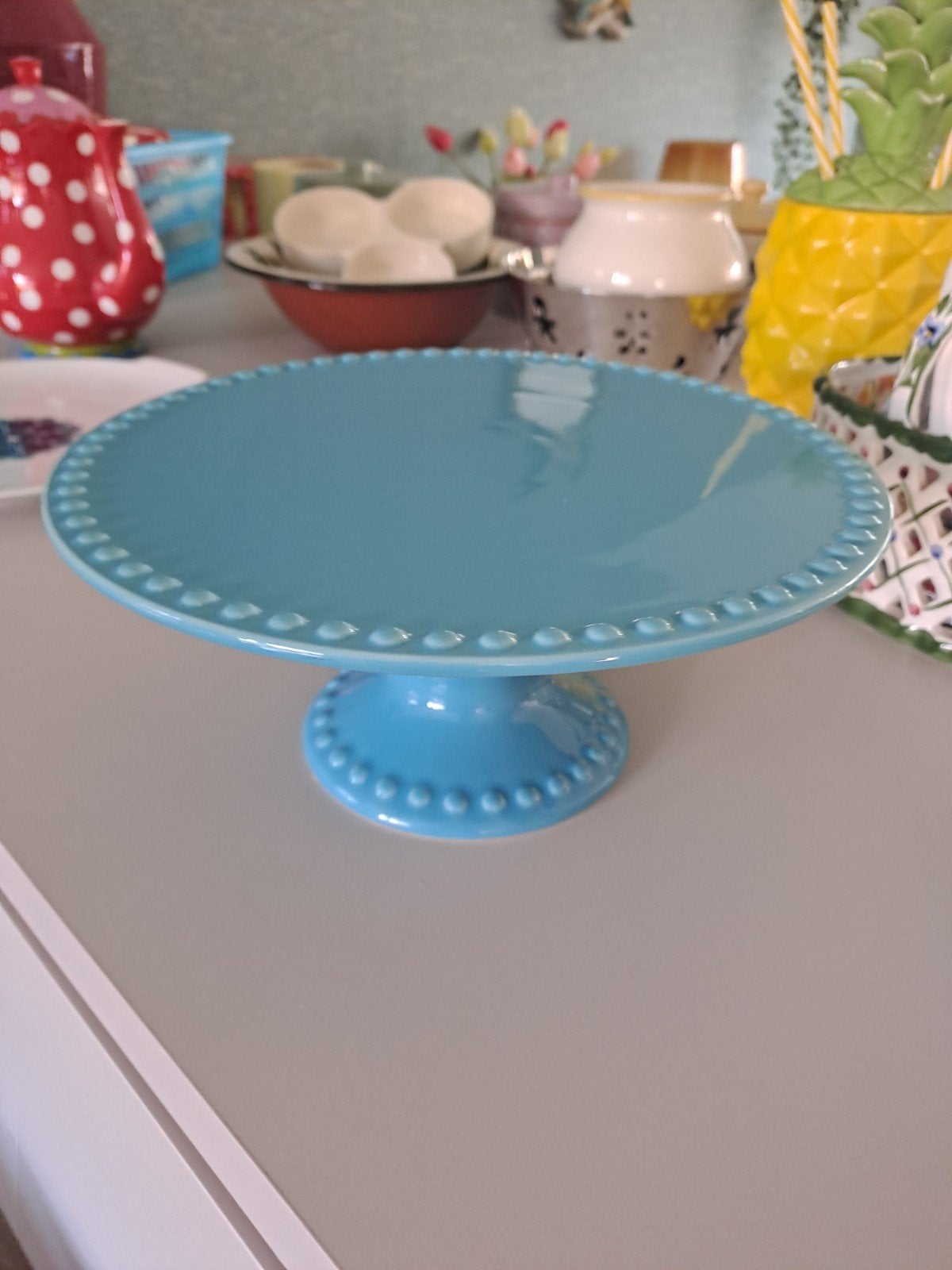 Retro Vintage Taartplateau Turquoise met Bolletjesrand, Ophalen, Zo goed als nieuw