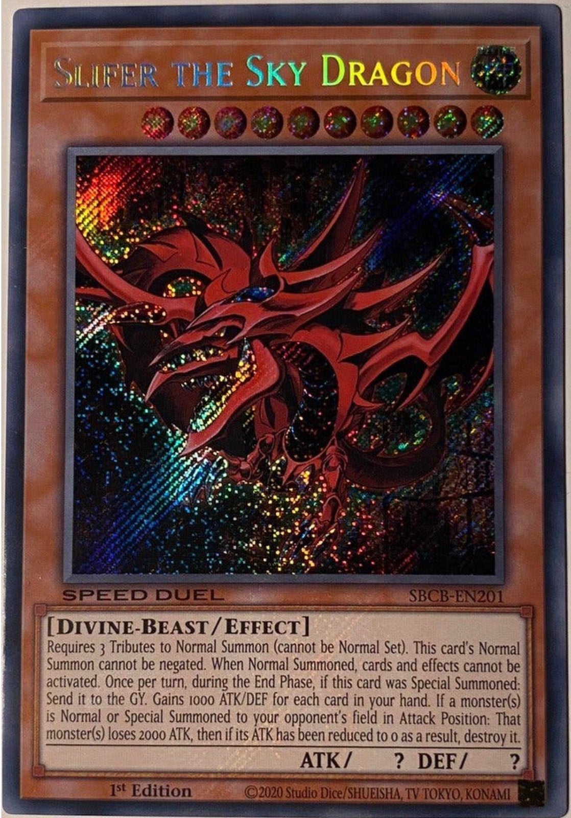 Yu-Gi-Oh! Slifer the Sky Dragon SBCB 1st Edition !, Ophalen of Verzenden, Zo goed als nieuw, Losse kaart, Foil