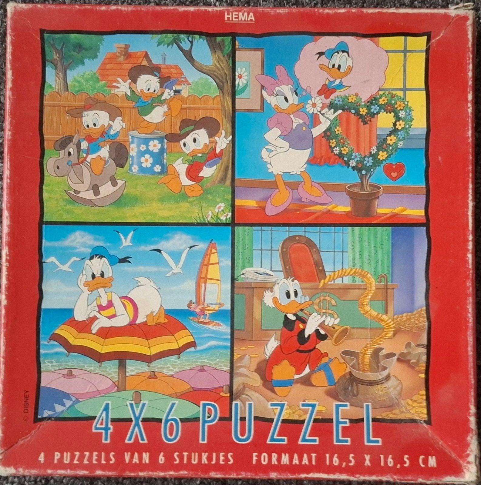 Vintage Donald Duck 4x6 HEMA puzzel uit de jaren '80, Ophalen of Verzenden, Gebruikt