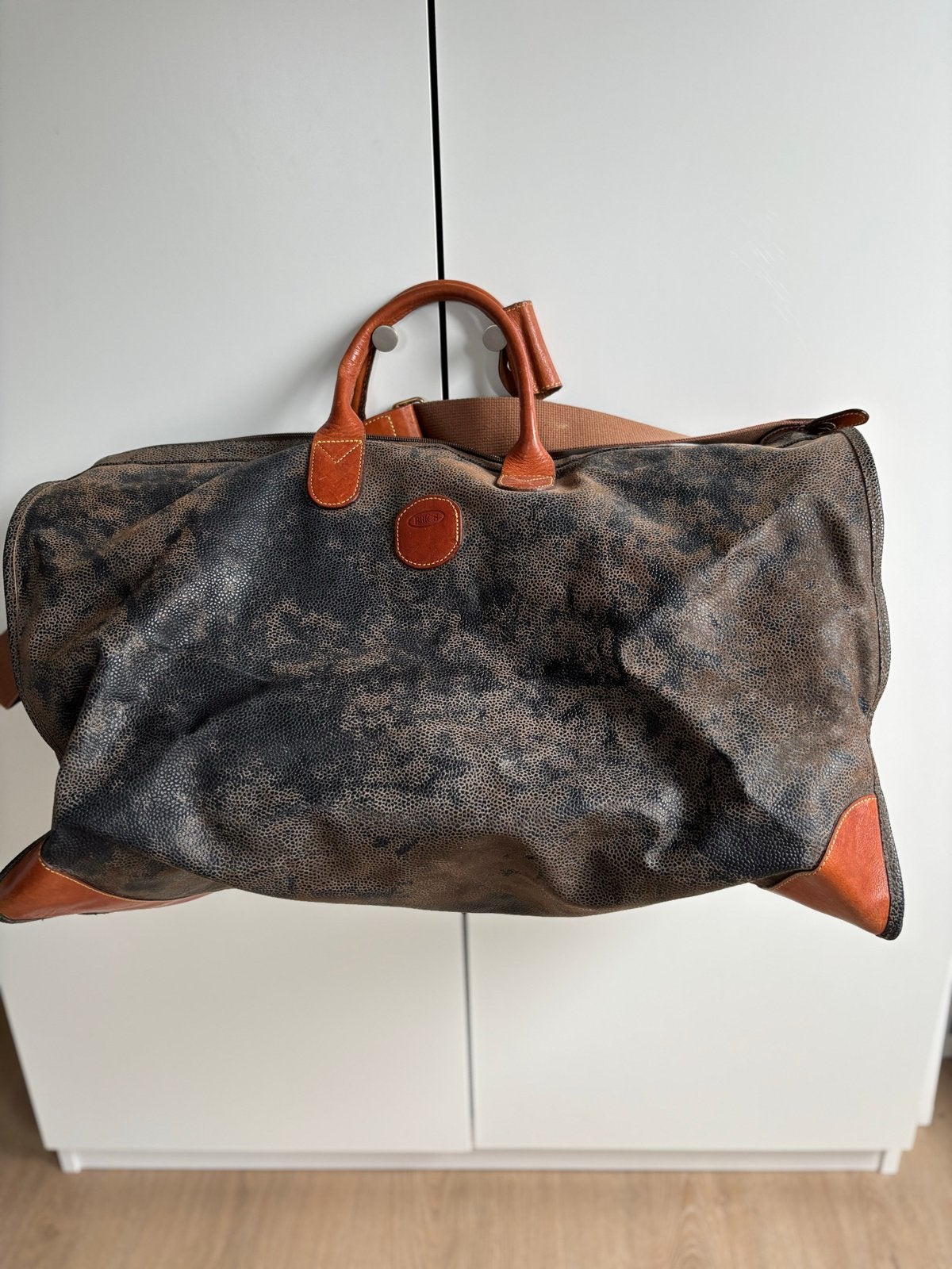 Bric's reistas - Vintage bruin/zwart met leren details, Gebruikt, 20 tot 30 cm, Bruin, Ophalen of Verzenden
