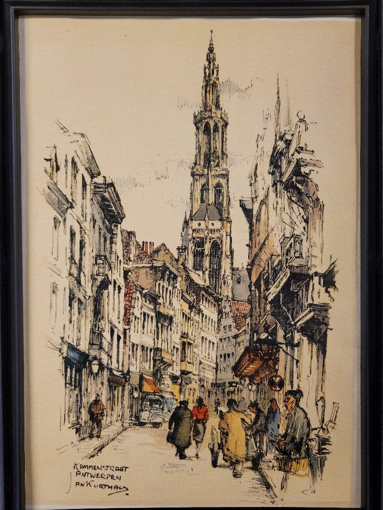 Jan Korthals afdruk van Antwerpen 'Kammenstraat', Ophalen of Verzenden, Print, Print/reproductie, Gesigneerd