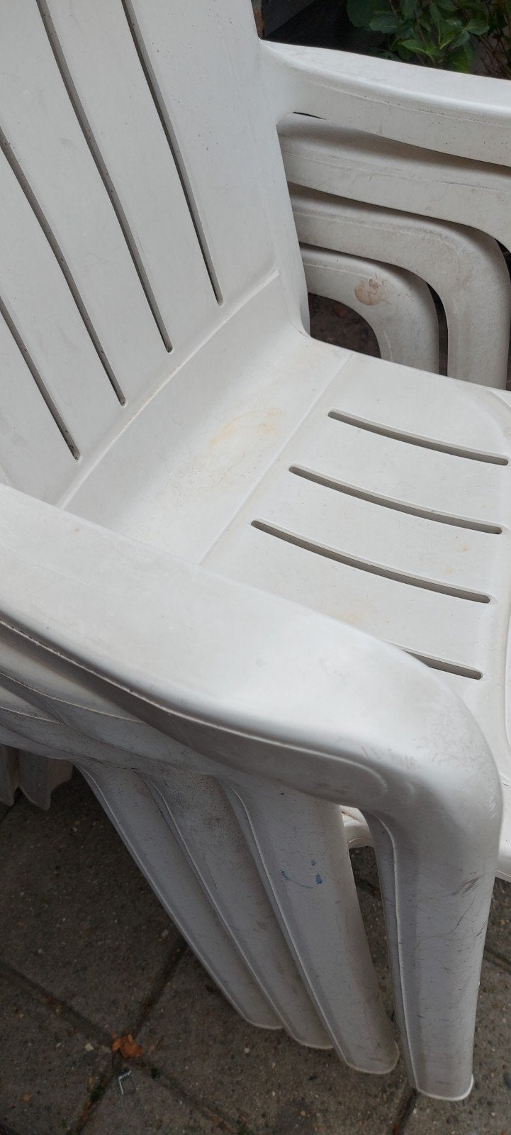 Witte kunststof tuinstoelen, stapelbaar, Ophalen of Verzenden, Gebruikt, Kunststof, Stapelbaar