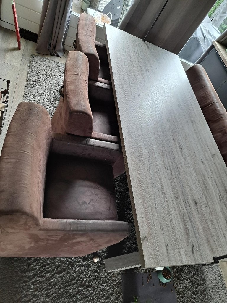 eethoek  eettafel met bank en 3 stoelen, Ophalen, Licht eikenhouten tafel met bruine bank/stoelen, Eikenhout, 200 cm of meer