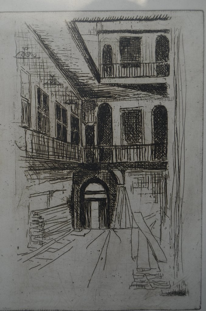 Ets Schottenhof (Brugge - Dudzele - Damse steenweg??), Antiek en Kunst, Kunst | Etsen en Gravures, Architectuur, 41 cm, Ingelijst