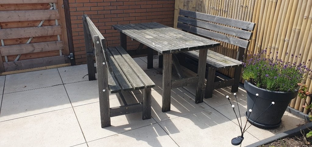 tuin tafel met losse banken (hout), Ophalen, Gebruikt, 6 zitplaatsen, Bank