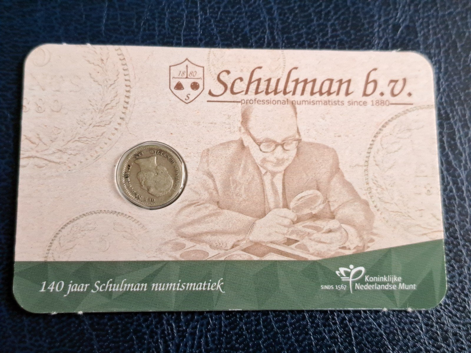 140 jaar Schulman Numismatiek coincard met 1850, Ophalen of Verzenden, Koning Willem III, 5 cent, Zilver