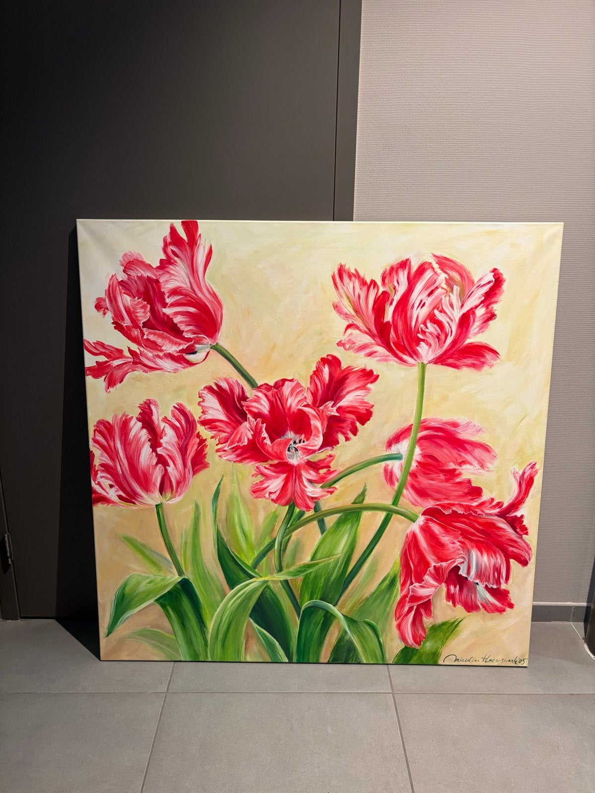 Schilderij met roze/rode tulpen - 120x120 cm, Bloemen, Doek, Realistisch, Ophalen of Verzenden