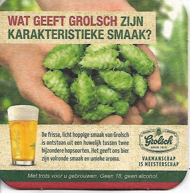 Grolsch - Wat geeft Grolsch zijn karakteristieke smaak ?, Ophalen of Verzenden, Zo goed als nieuw, Viltje(s), Grolsch
