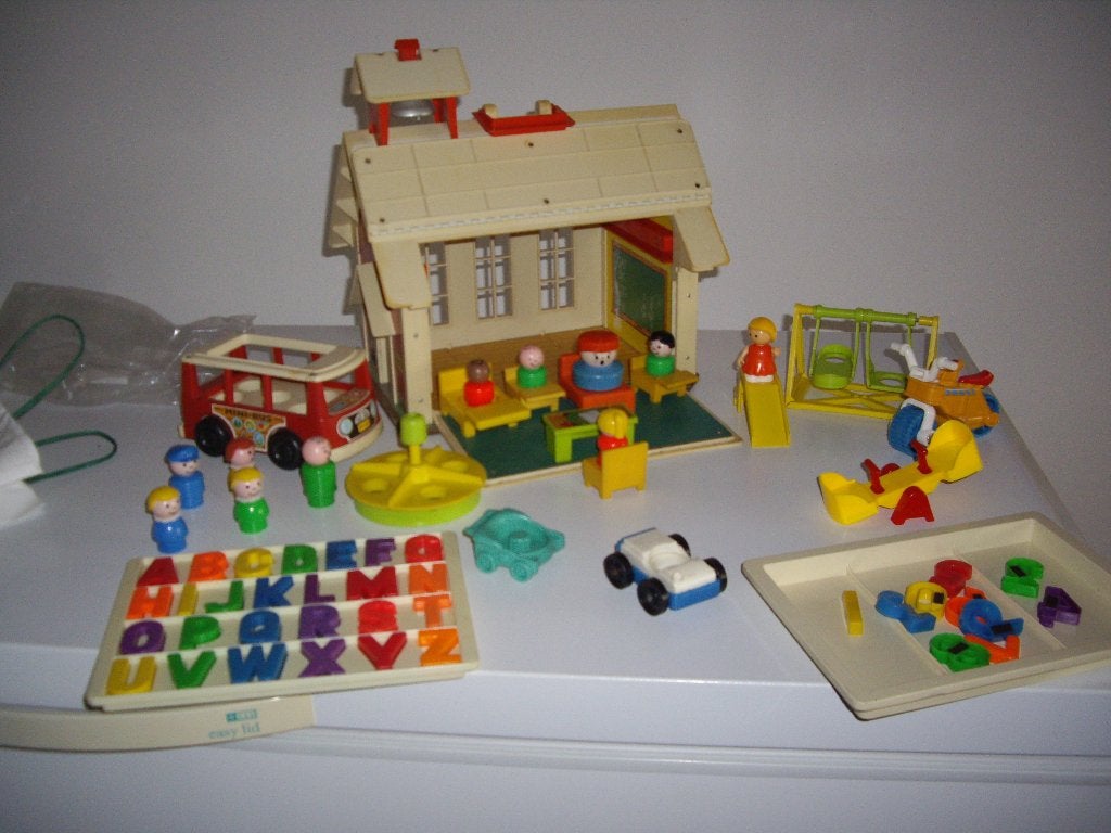 vintaga F P schooltje met schoolbus en veel acc, Kinderen en Baby's, Speelgoed | Fisher-Price, Ophalen, Gebruikt, Speelset, Met geluid
