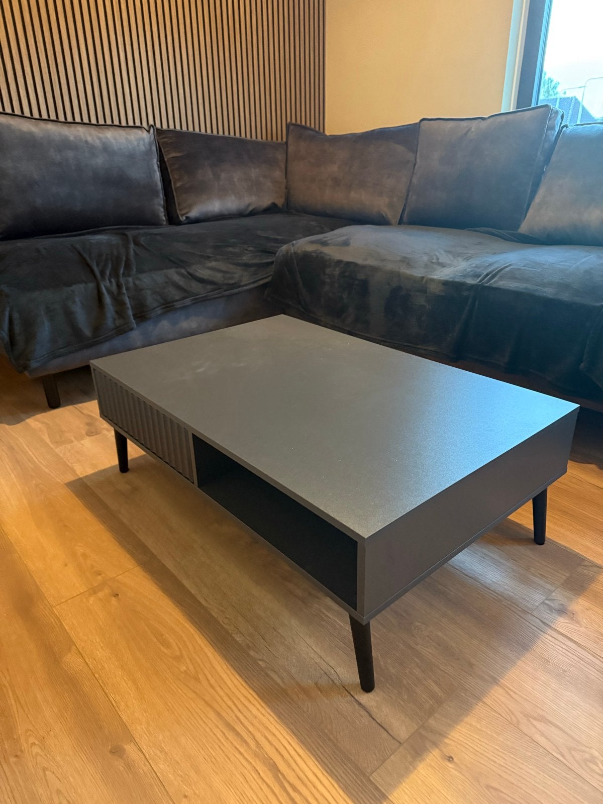 Splinternieuwe antraciete salontafel met lade, Huis en Inrichting, Tafels | Salontafels, Ophalen, Overige materialen, 100 tot 150 cm