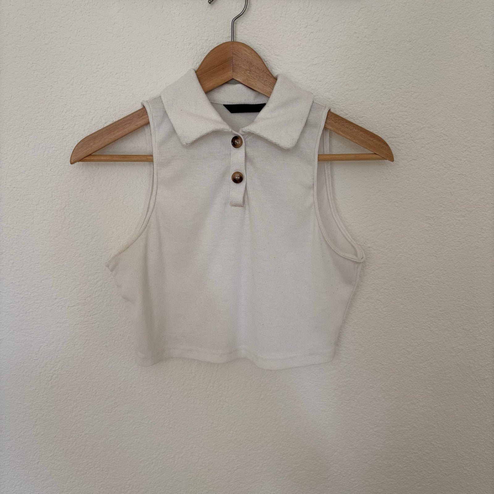 Shein Witte Ribgebreide Cropped Top met Kraag - Maat S, Kleding | Dames, Tops, Verzenden, Wit, Zo goed als nieuw, Maat 36 (S)