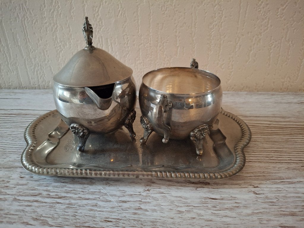 Verzilverd suiker- en melkstel antiek, Ophalen of Verzenden, Zilver