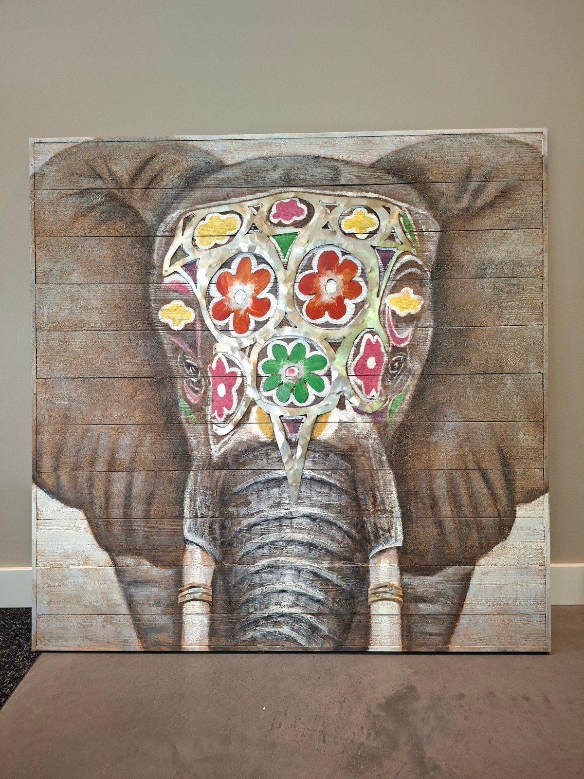 Houten olifant schilderij 100x100 cm, zeer goede staat, Ophalen, Zo goed als nieuw, Schilderij, 75 tot 100 cm