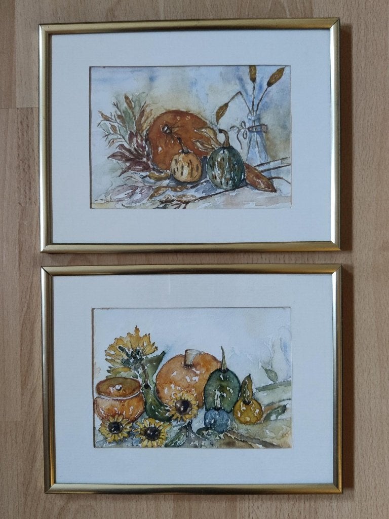 Schilderijtjes aquarel stilleven  goudkleurige lijst 2 stuks, Antiek en Kunst, Kunst | Schilderijen | Klassiek, Realistisch, Origineel werk