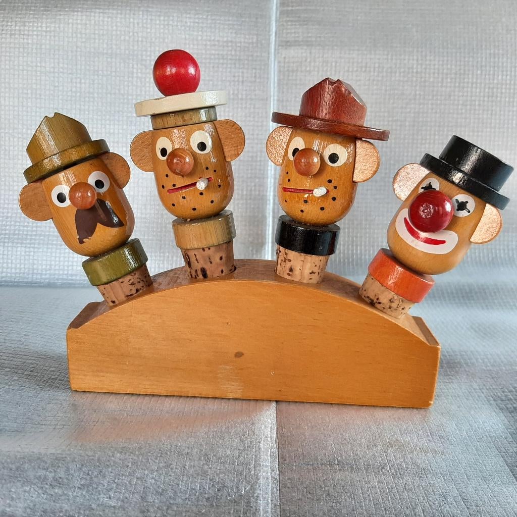 Set vintage flessenkurken / sierkurken in houten standaard, Antiek en Kunst, Ophalen