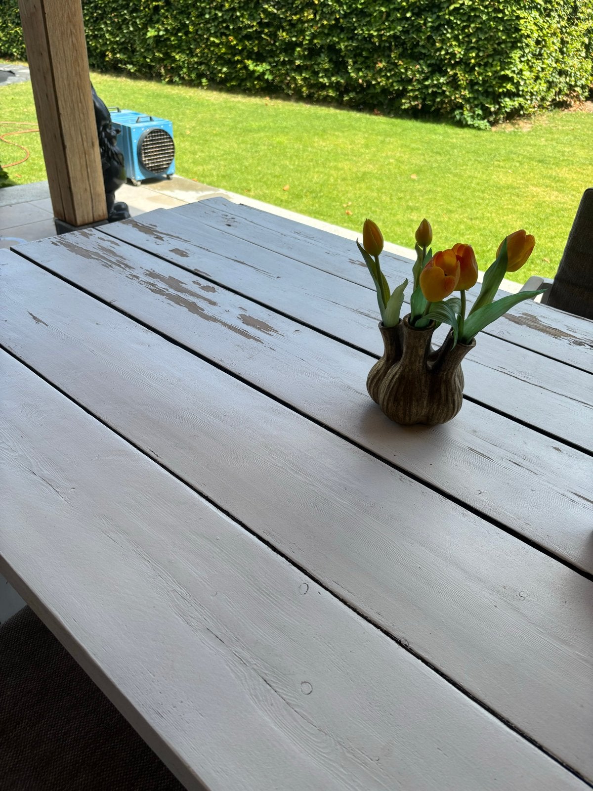 Robuuste houten tuintafel - wit geverfd 300x100cm, Ophalen, Gebruikt, Rechthoekig, Hout